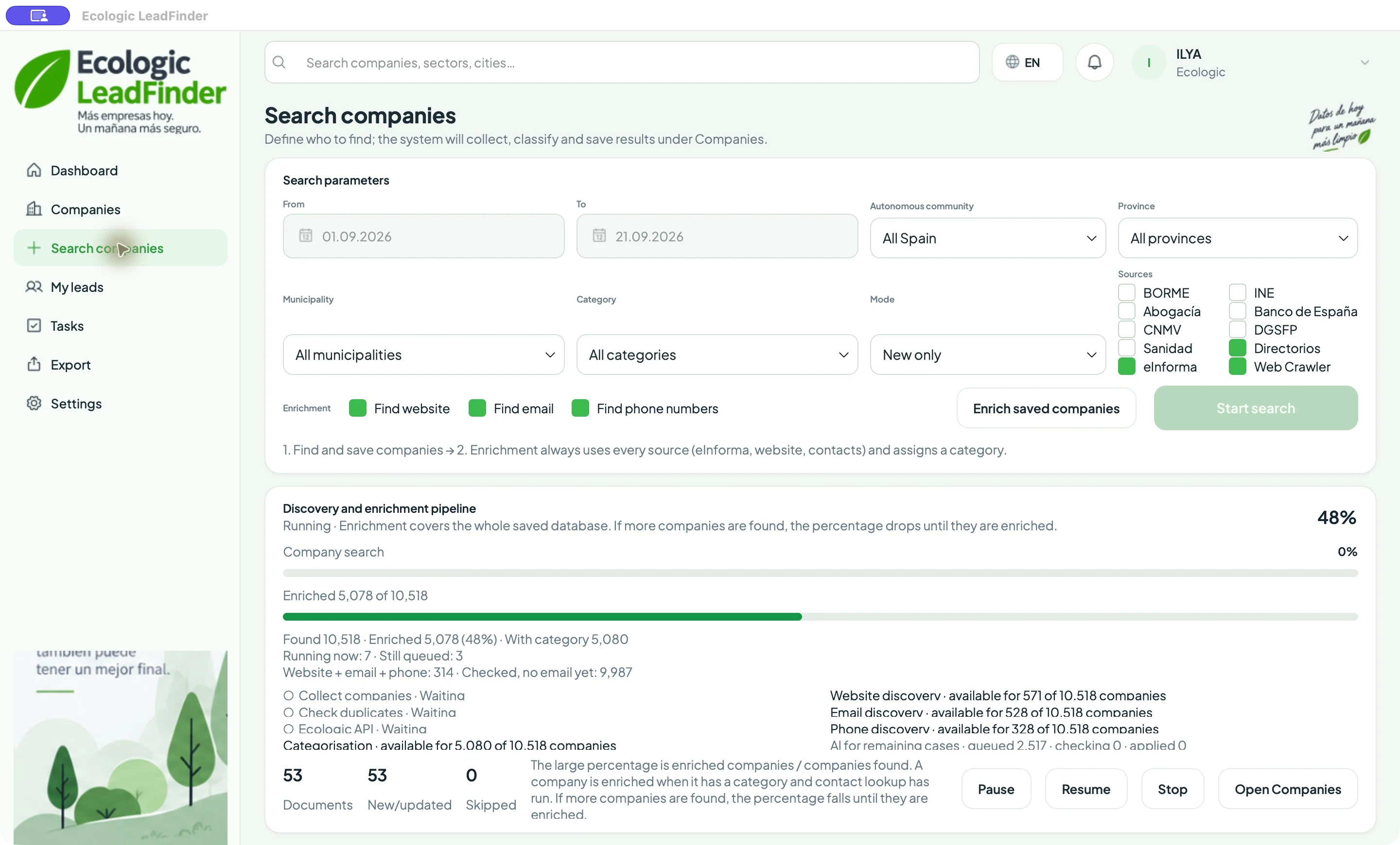 Interfaz de la aplicación de escritorio EcoLogic LeadFinder